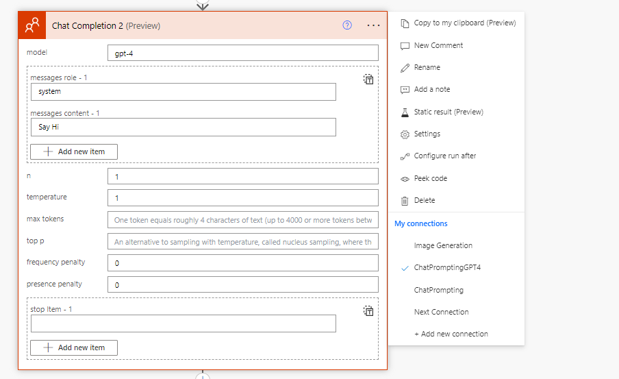 GPT-4 connector integration within a Power Automate workflow