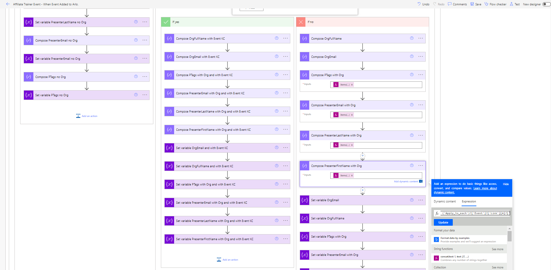 Complex branching Power Automate workflow diagram showing conditions and API integrations