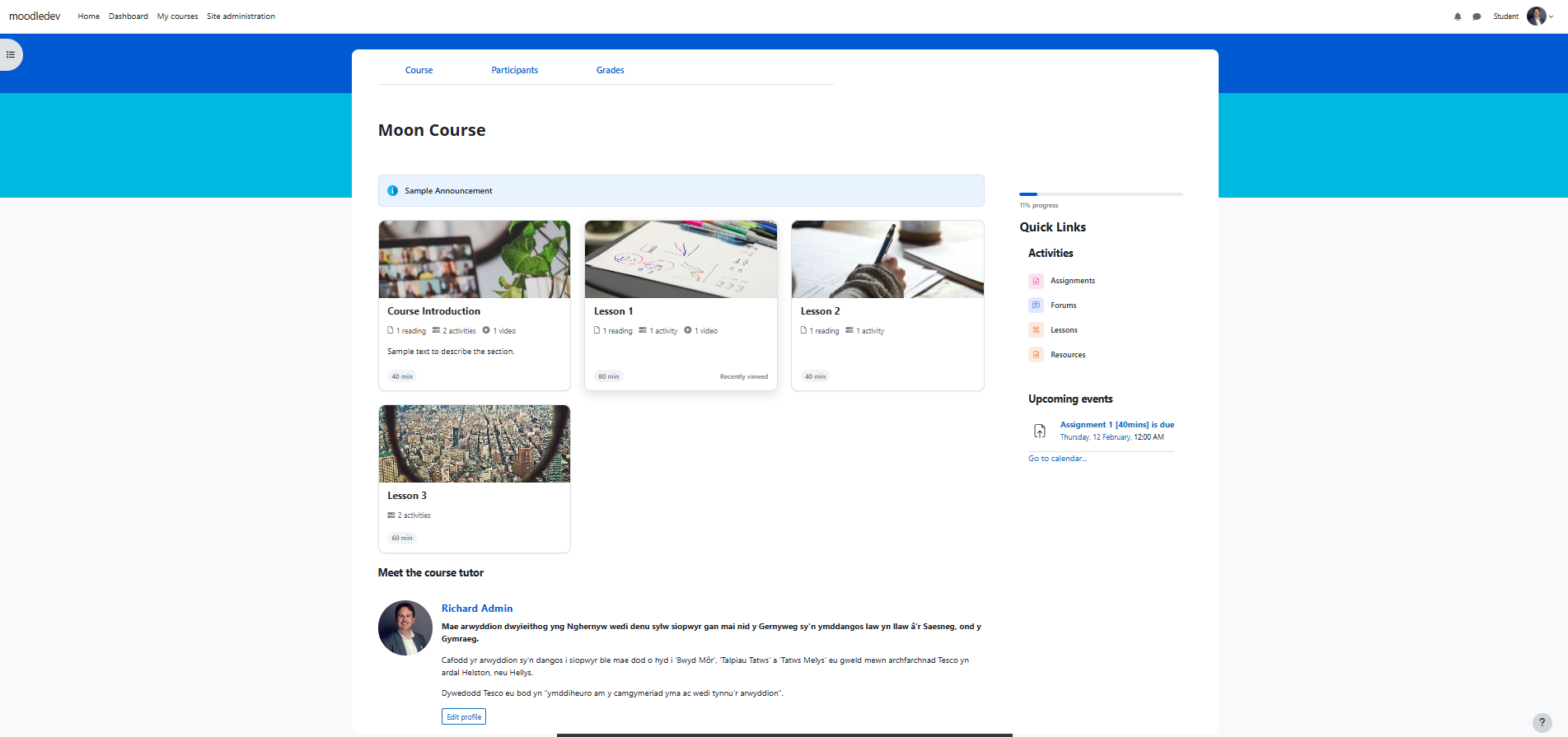 Mallard custom Moodle theme live - teal header, card-based course sections, Quick Links sidebar and progress bar