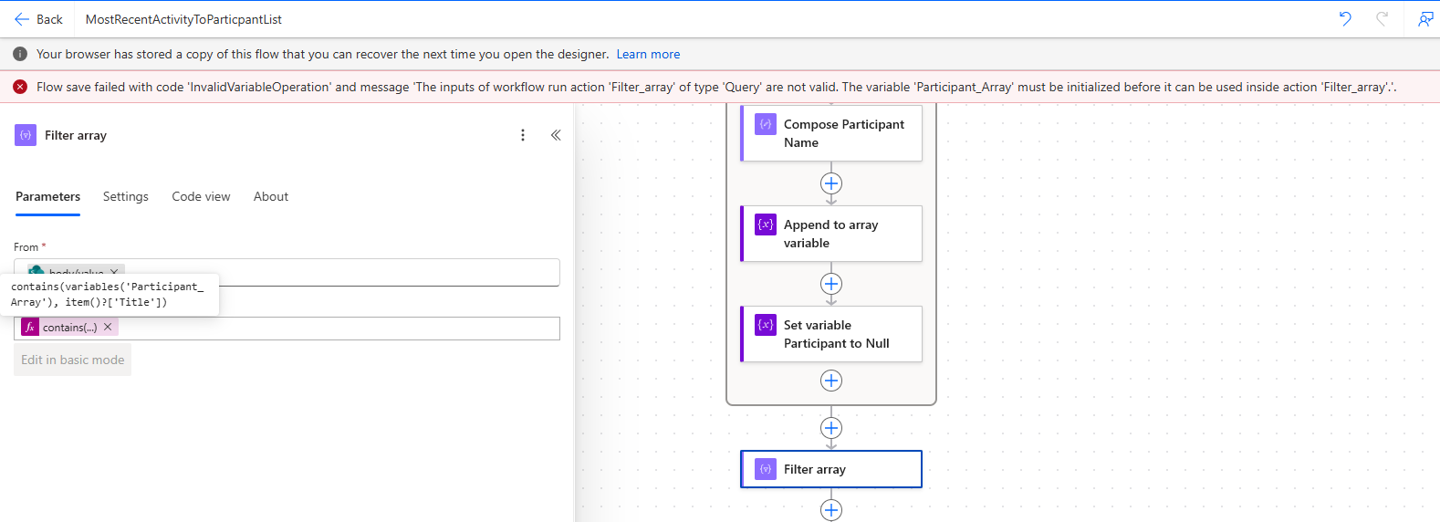 Power Automate flow showing Filter array action with contains() expression, Compose Participant Name, Append to array variable and Set variable steps