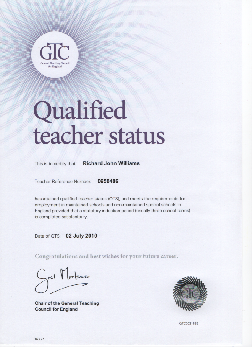 Qualified Teacher Status certificate - QTS awarded by the Teaching Regulation Agency (The Open University, 2010)