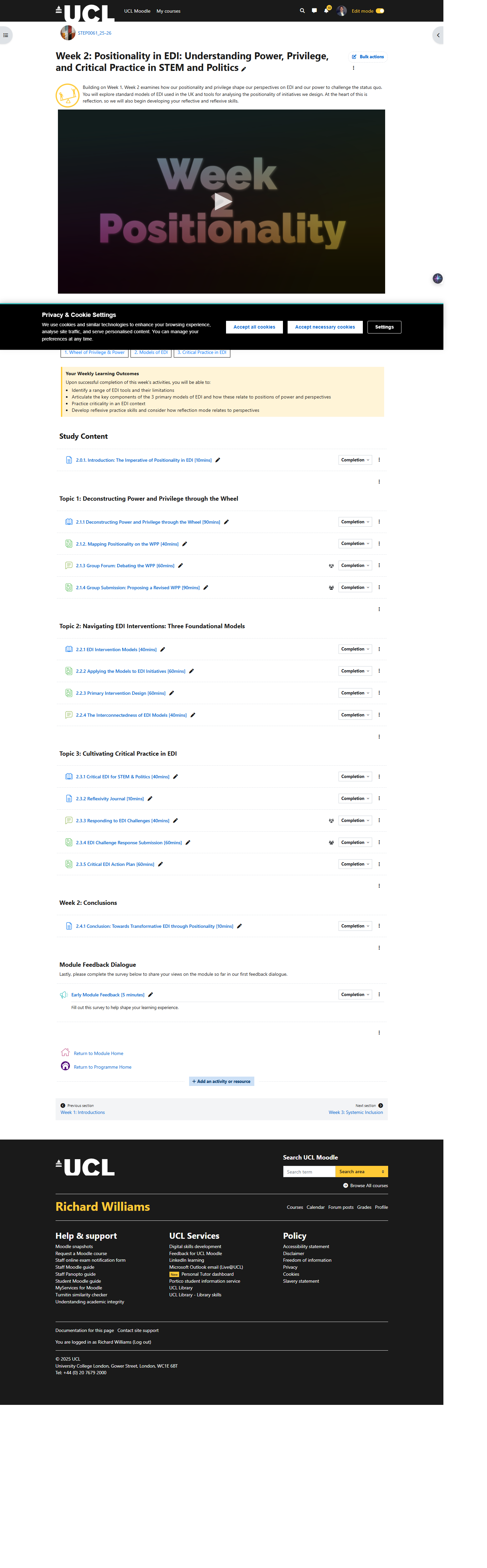 UCL Moodle course page showing structured weekly layout with learning outcomes, activity cards and completion tracking